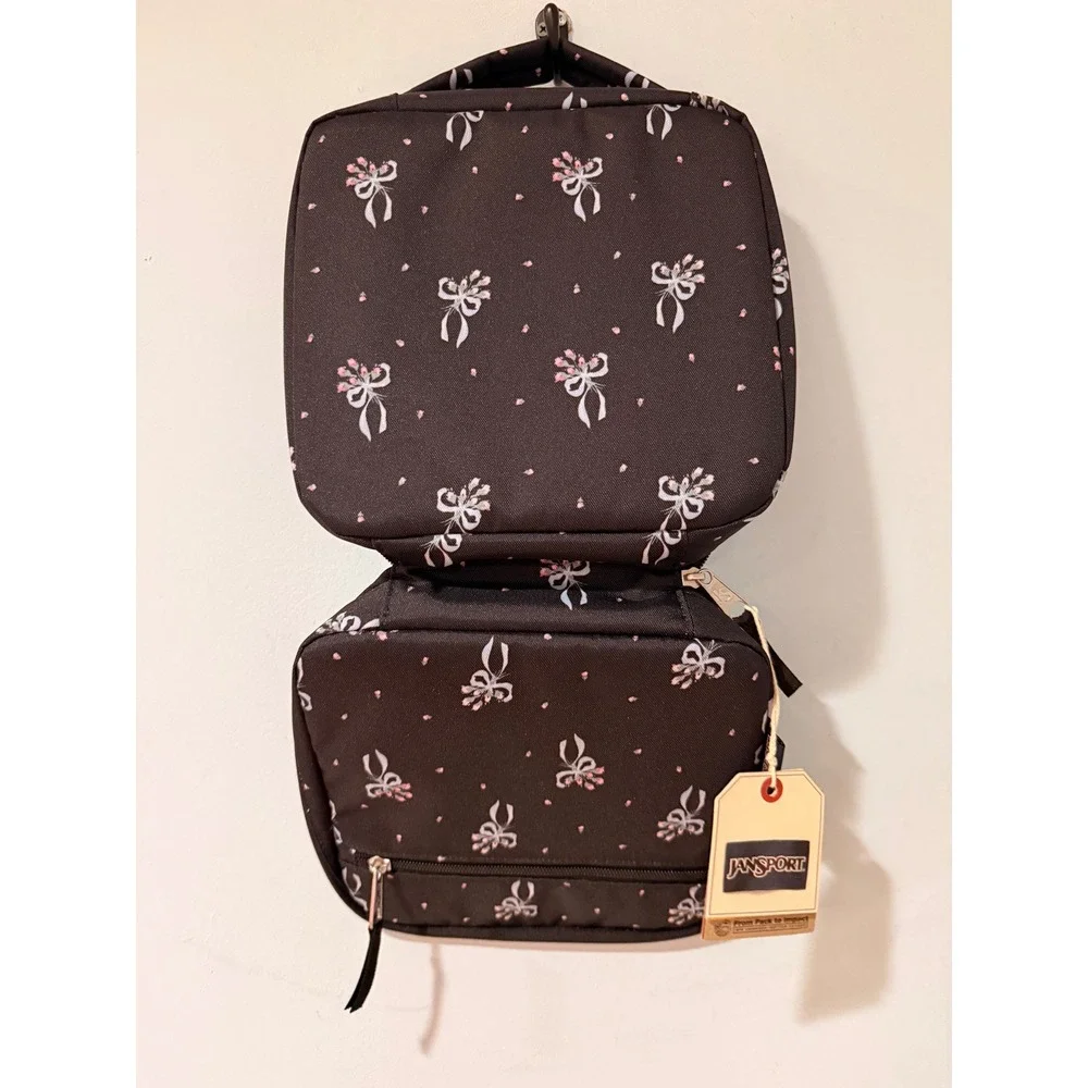 JanSport Lunch Break Insulated Lunch Bag Black Bows Pink Floral Coquette Print
